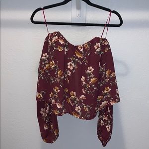 Long sleeve off the shoulder dark red floral top